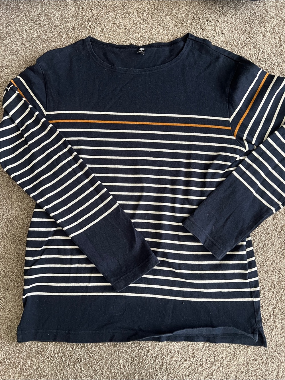 Uniqlo Navy and White Striped Long-Sleeve Shirt with Gold Accent